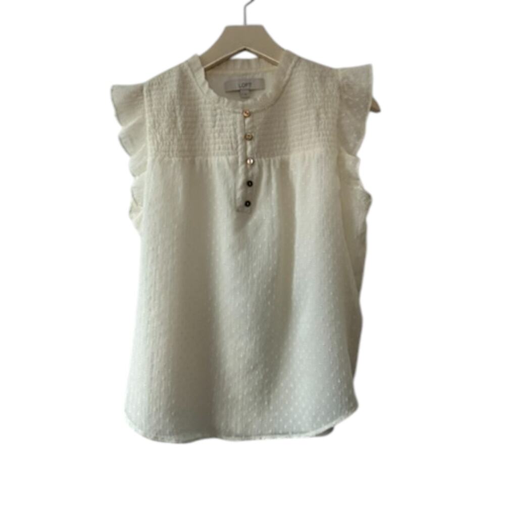 LOFT Ivory Swiss Dot Smocked Sleeveless Popover Blouse Women's Size Small